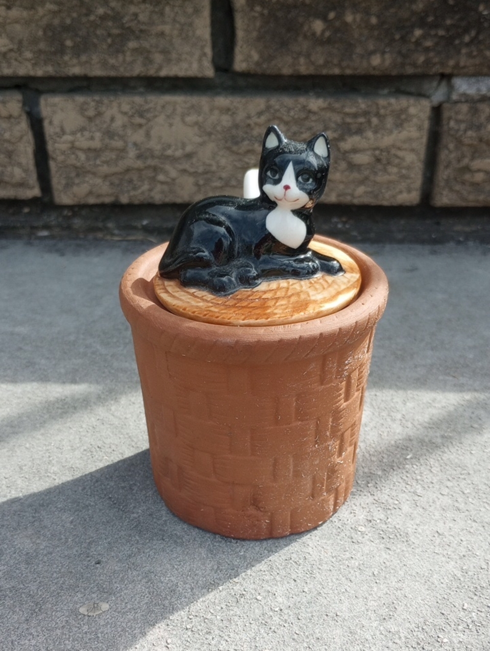 Vintage Ceramic & Terracotta Kitchen Sugar Bowl with Black & White Cat